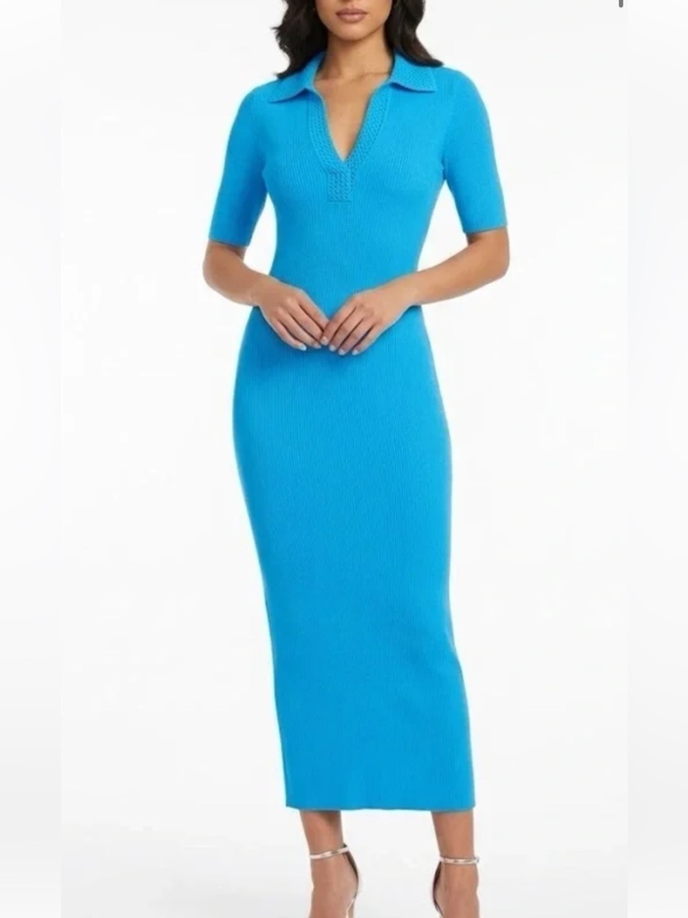 Caroline Constas Teal Blue Ribbed Polo Midi Dress Collared Size Medium